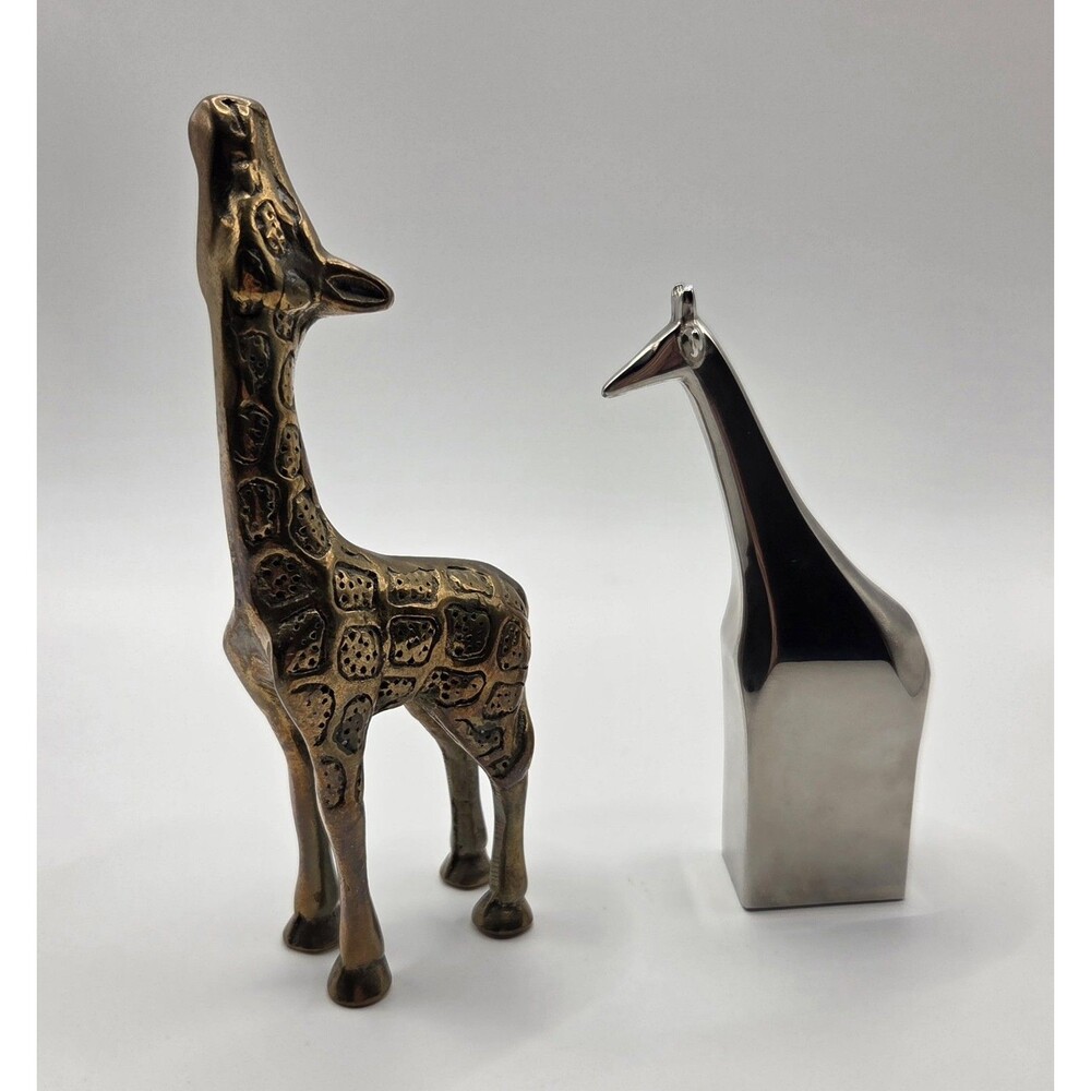 2 VTG Metal Giraffe Figurines MCM Brass Baby & Dansk Designs Silverplated Zinc